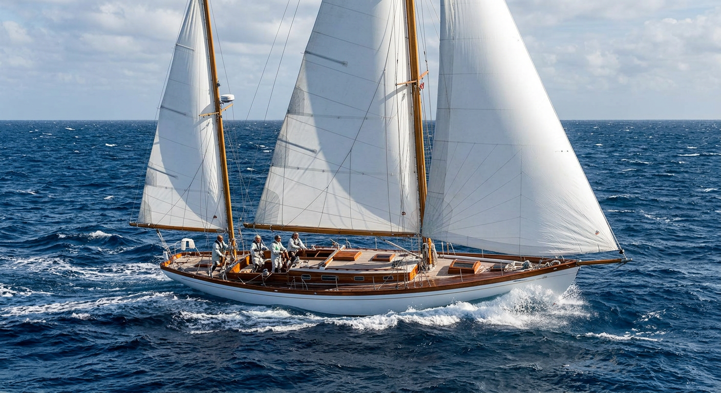 Classic wooden schooner with white sails sailing on blue ocean